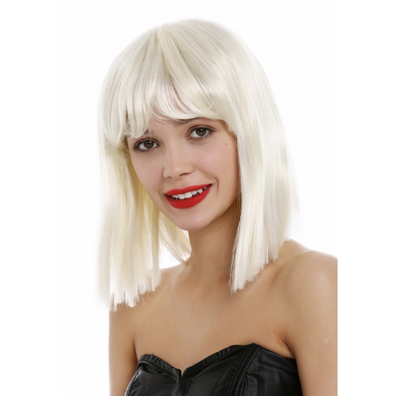 Longbob Lady Wig shoulder-length sleek white blonde platinum bangs VK-10