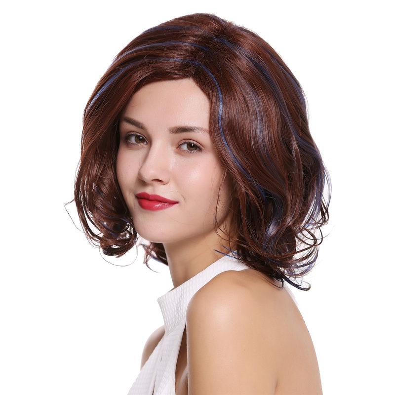 Lady wig short parting wavy mahogany copper brown mix blue highlights SA087