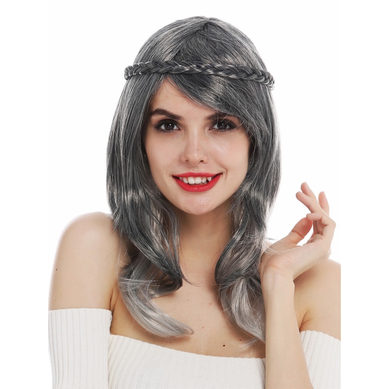 Wig carnival women Halloween sleek black grey mottled gray plaited DEC140A