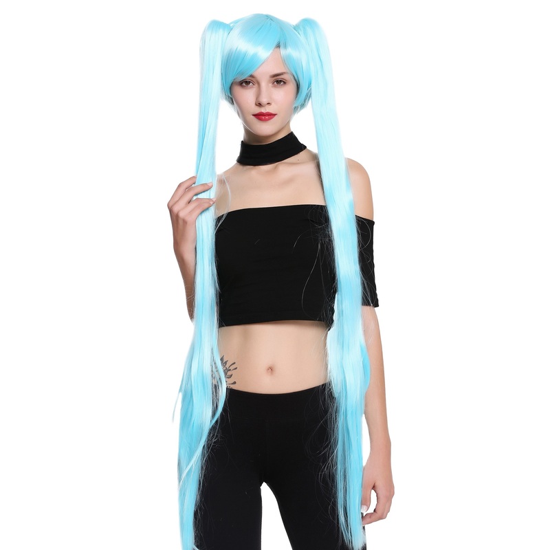Lady Cosplay Wig short parting 2 very long straight ponytails blue YZF-7035+A