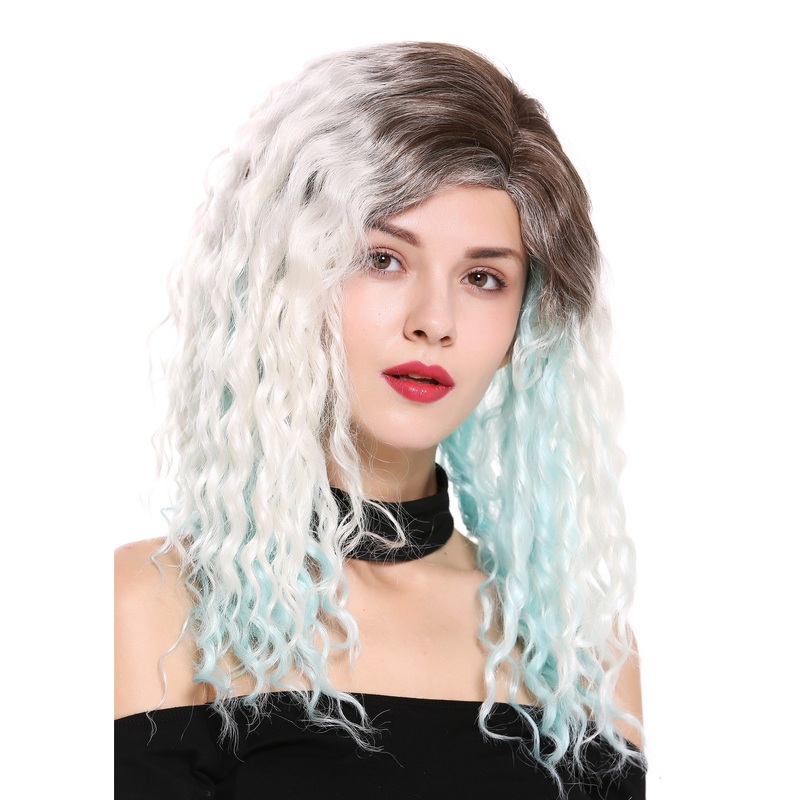 Women’s wig lady side parting afro curls curly ombre brown blonde blue mix 803AD
