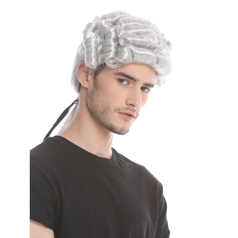 Party wig men baroque Lord Judge Poet Noble grey gray curls ponytail DH1126