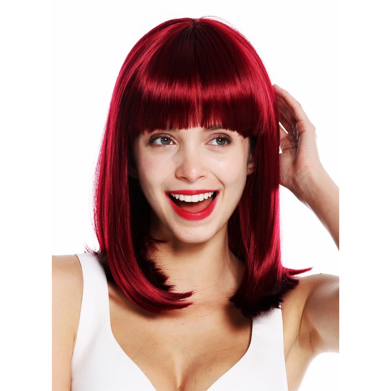 Women’s wig shoulder length Longbob sleek fringe bangs Bordeaux red VK-39