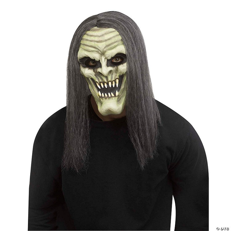 Adults Green Demon Vampire Full Mask with Gray Hair – One Size