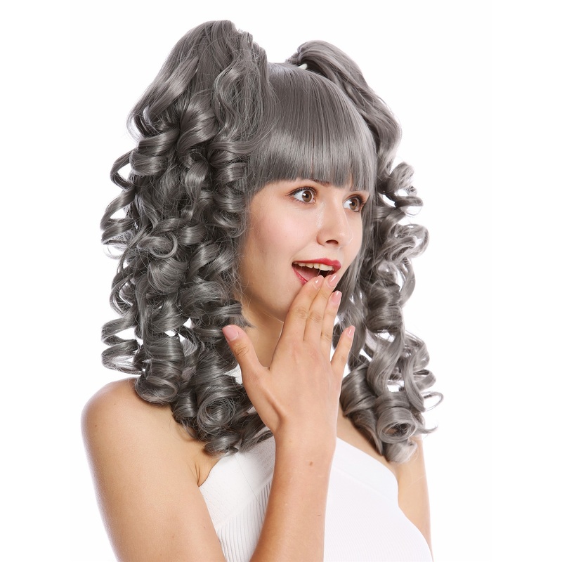 Lady Cosplay Wig bob + 2 ponytails curled bangs ringlets grey gray YZF-7080+A