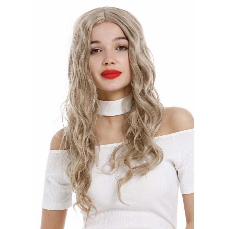 Lady wig long wavy waved middle parting blond hues and sliver strands YZF-4072