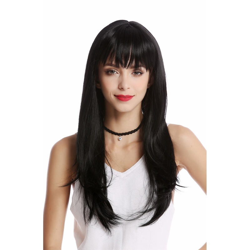 Lady Women Wig black long straight sleek fringe bangs GF-W2274