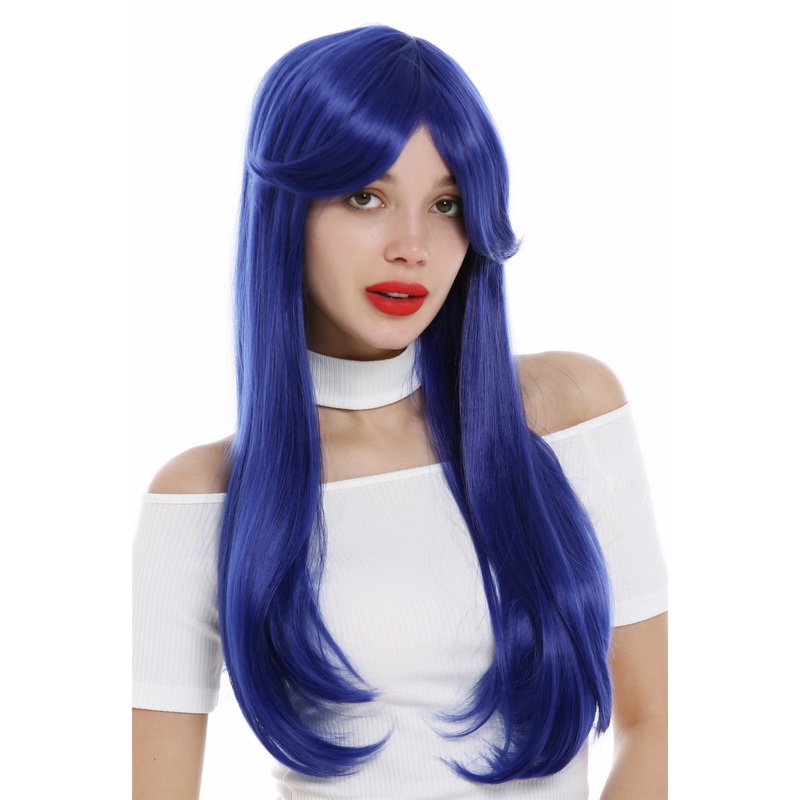 Lady women wig Cosplay long straight sleek parted fringe dark blue 0818