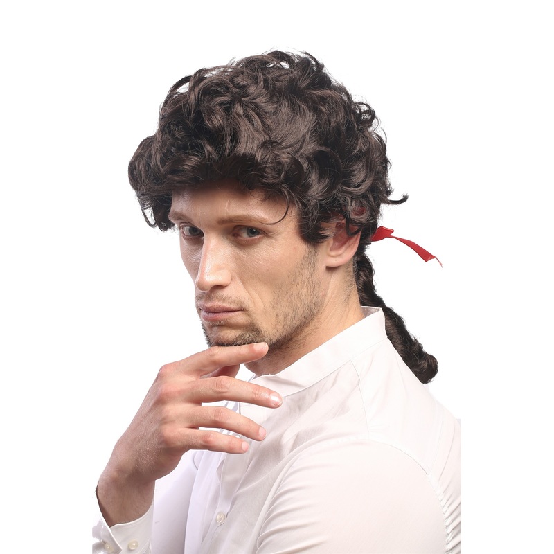 Man Lady Party Wig Casanova Baroque short ponytail ribbon Poet Lord brown 7057