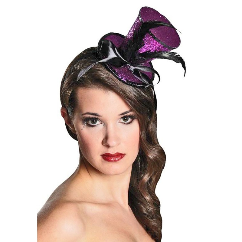 Mini ladies top hat with feathers purple