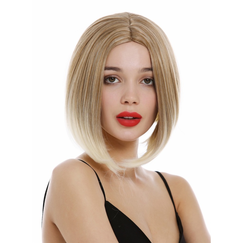 Short Lady Wig concave Bob Longbob choppy cut middle-parting blond mix YZF-4367