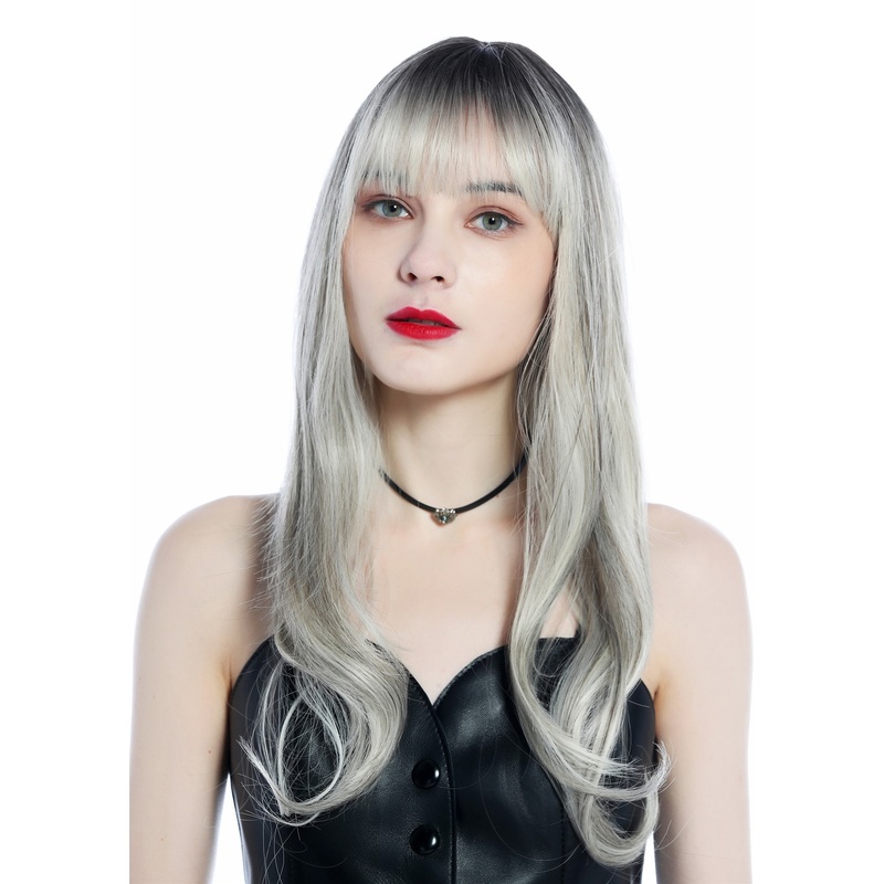 Lady Wig long sleek curled tips bangs ombre balayage brown bright blond LC271N