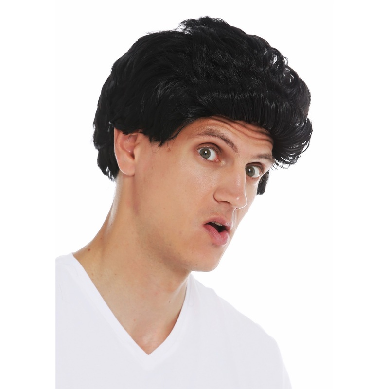 Wig carnival Halloween men man short cool wavy quiff 50’s 60’s black 7064