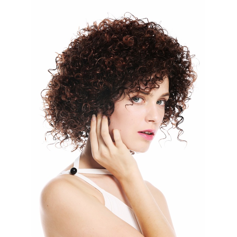 Women’s wig lady short voluminous frizzy curly curls chestnut brown mix VK-11