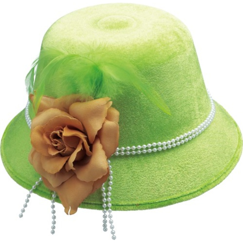 Light green ladies hat with pearl ribbon & floral decoration