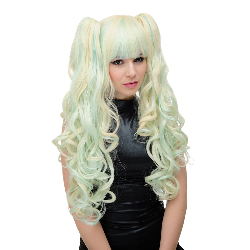 Lady Cosplay Wig 2 Ponytails pigtails curls bangs blonde light blue mix YZF-7092L+A-T5507/613