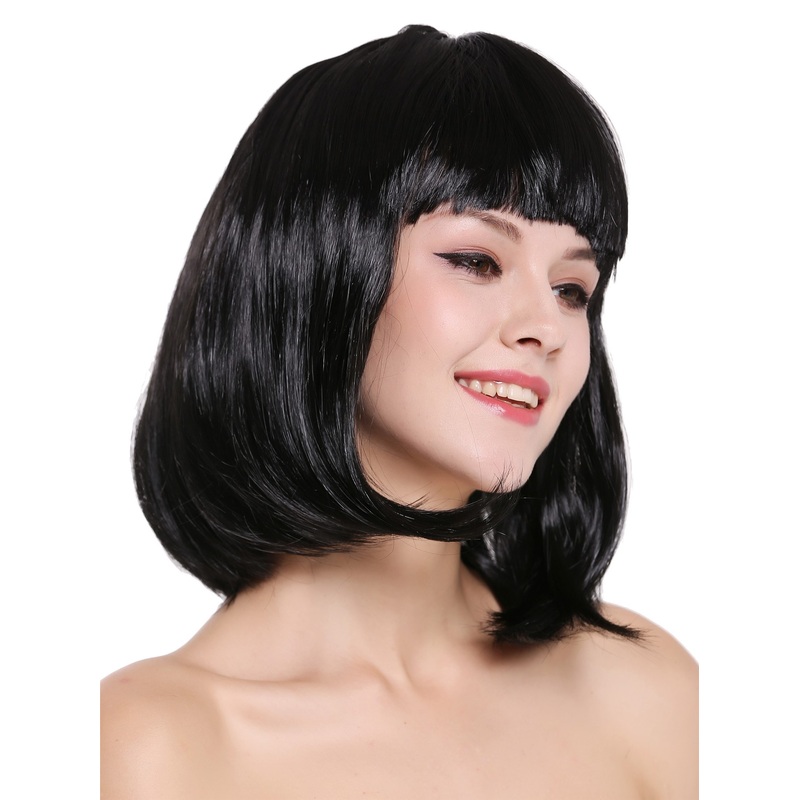 Lady Wig Halloween Carnival Disco bob longbob shoulder length bangs black 0073