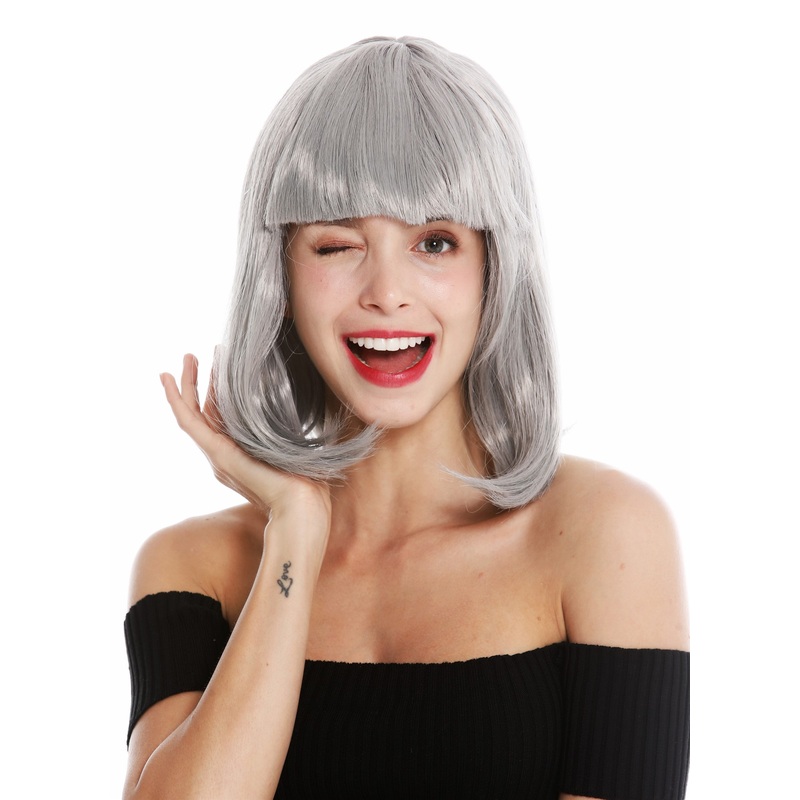 Lady Wig Halloween Disco bob longbob shoulder length bangs light grey gray 0073