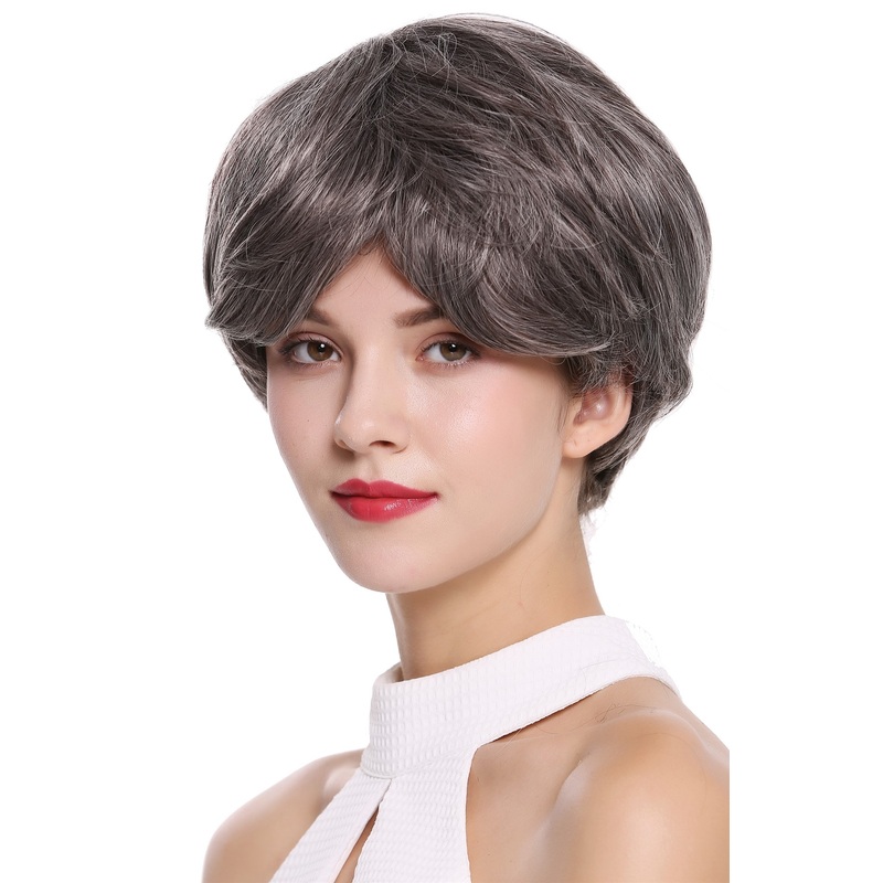 Lady women wig short voluminous straight smooth streaked dark grey gray IRIS