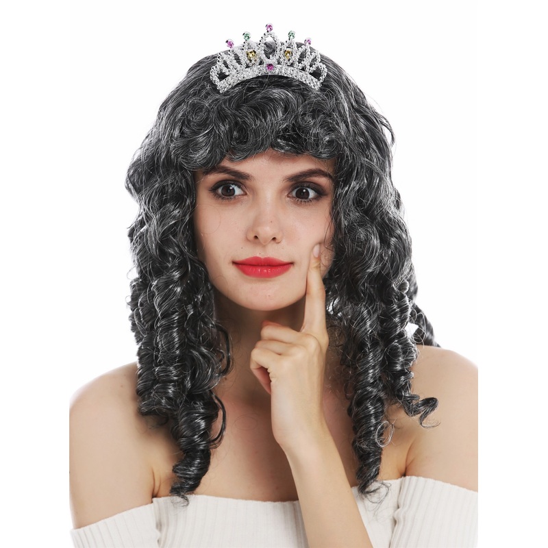 Wig carnival women queen princess fairy gray grey curls baroque with tiara 68840