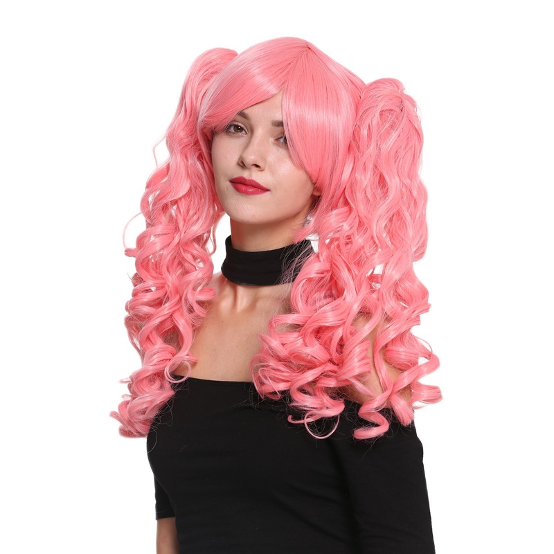 Lady Cosplay Wig short parting 2 very long curled ponytails pink YZF-7026A+A
