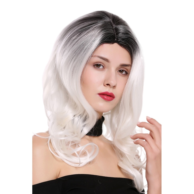 Women’s wig lady long wavy soft curls middle parting ombre black white DW1595