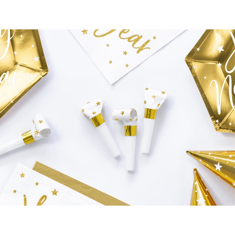 6 VIP Party Blowers White & Gold