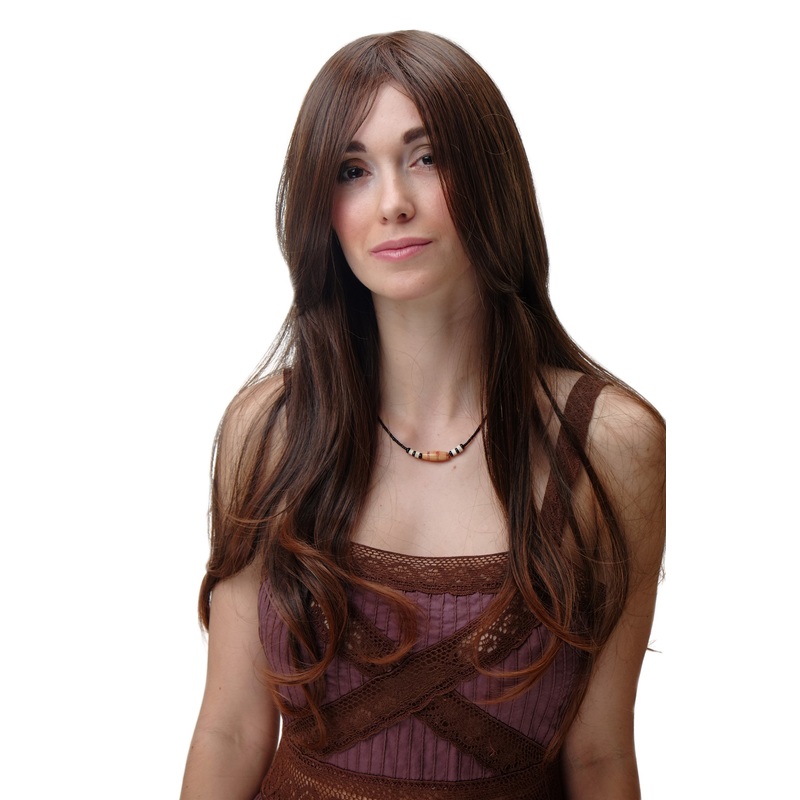 Lady Woman Wig Very Long Straight Chestnut brown mix copper brown tips 3445