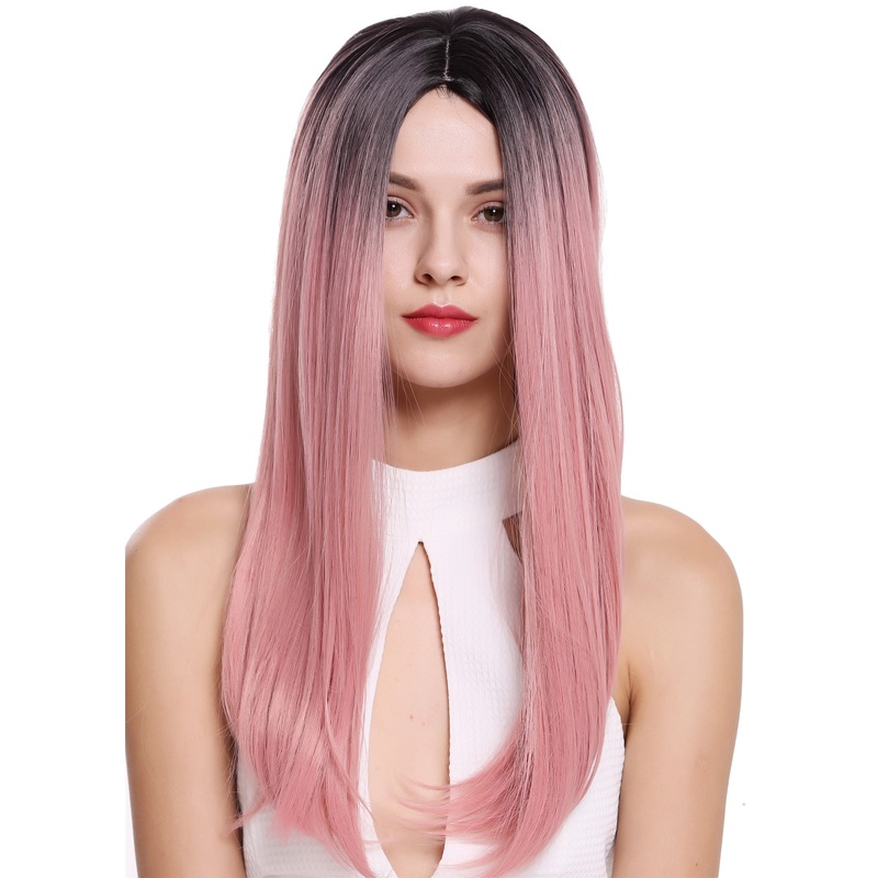 Lady Women Wig Long Straight Middle-Parting Ombre Black Pink ZM-1791