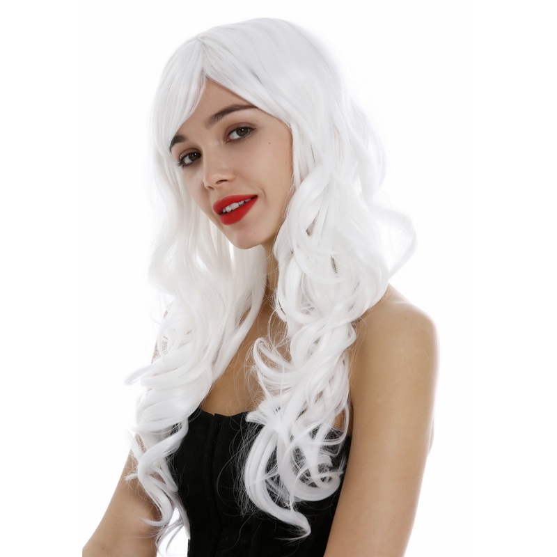 Lady women wig long wavy to curled hair curls fringe Cosplay white 285