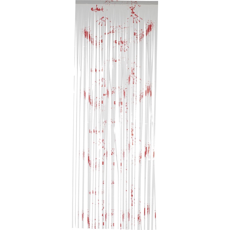 White fringed door curtain with blood stains 91 x 244cm