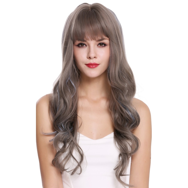 Women’s wig lady long wavy fringe Balayage mix gray grey brown blue H1734