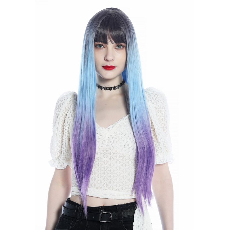 Women’s wig long sleek straight bangs ombre violet light blue purple SZL0810B