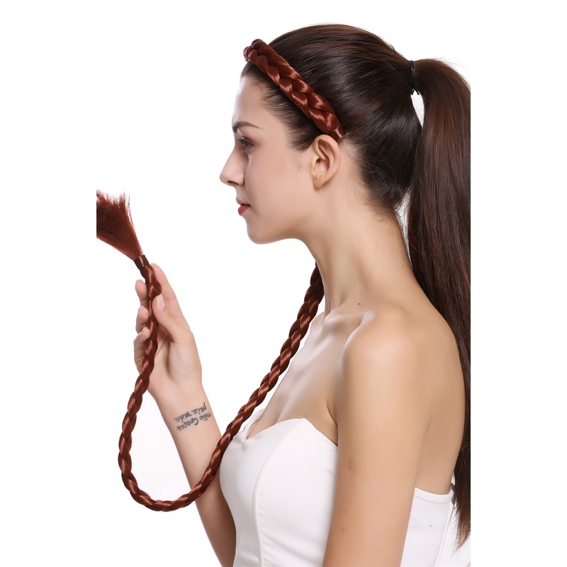 Hairpiece braid plaited braided Alice band circlet long dark copper red  N1038