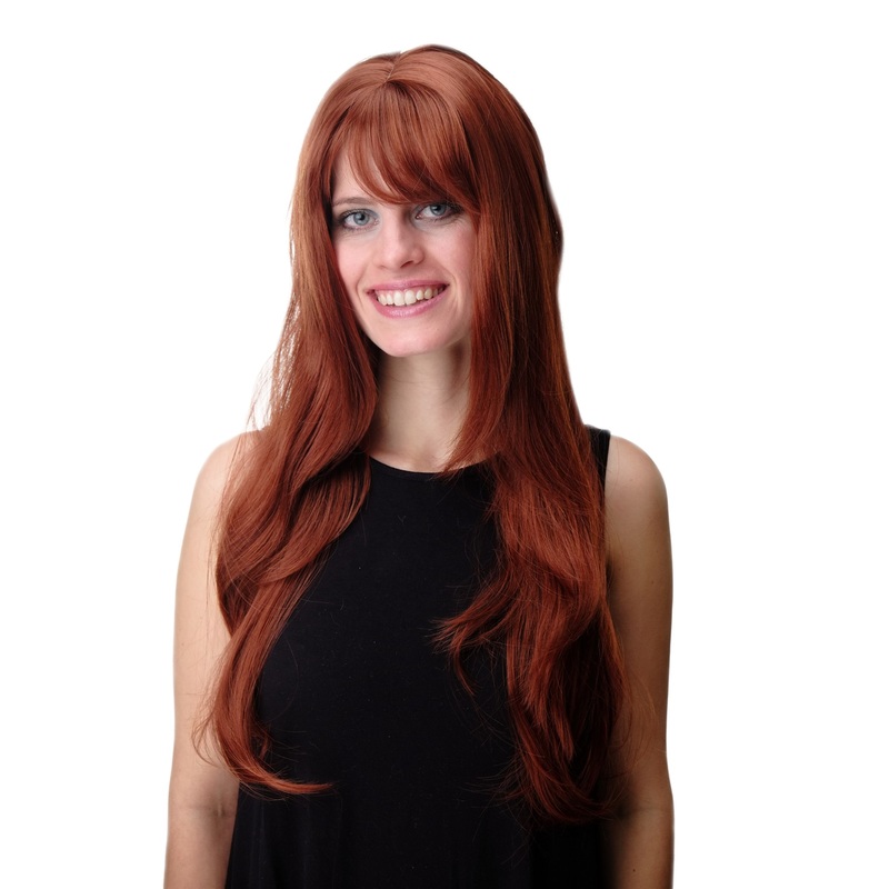 Lady wig long straight layered fringe bangs reddish rust copper brown GFW09