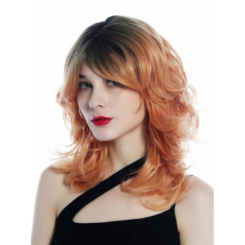 Lady wig medium length wild shaggy wavy curled ombre black copper blond SZL0673
