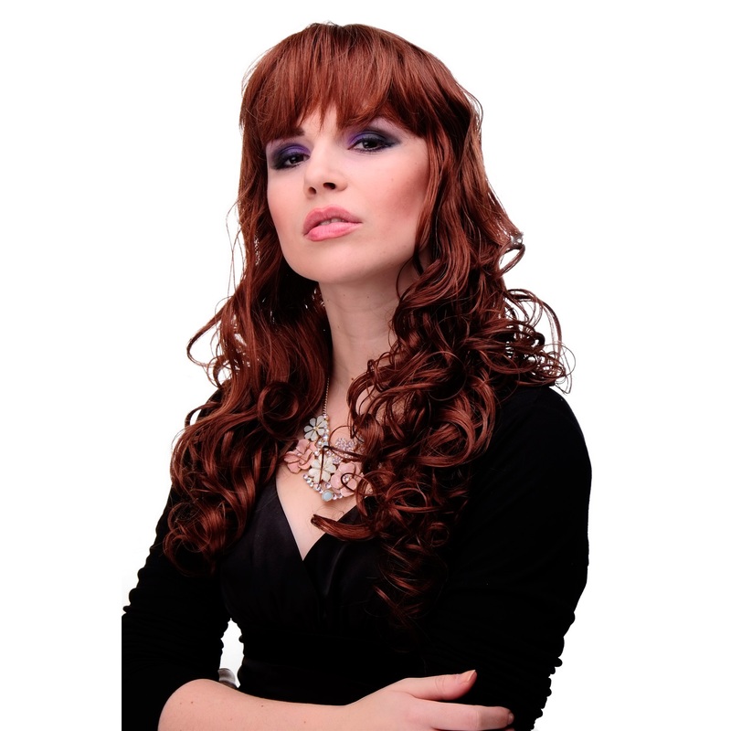 Lady Wig very long curled slightly stringy wetlook fringe auburn brown mix M-103