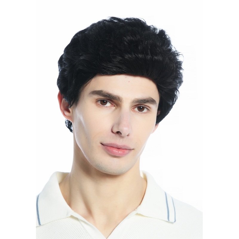 Wig Men Women unisex quiff short slightly waved dense deep black DW1333A