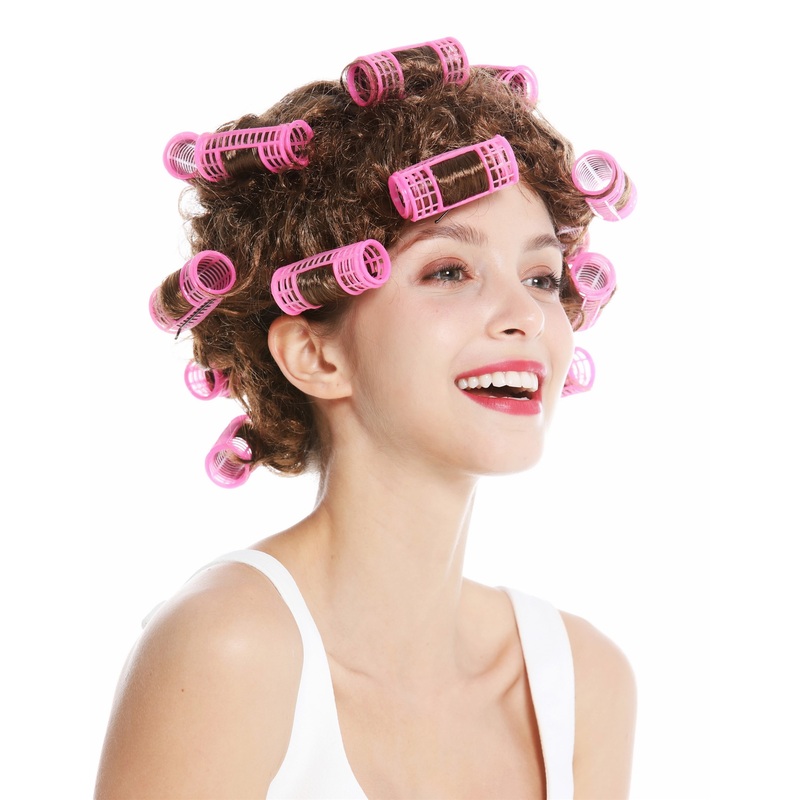 Women’s party wig carnival Halloween housewife hair roller brown trashy 4204