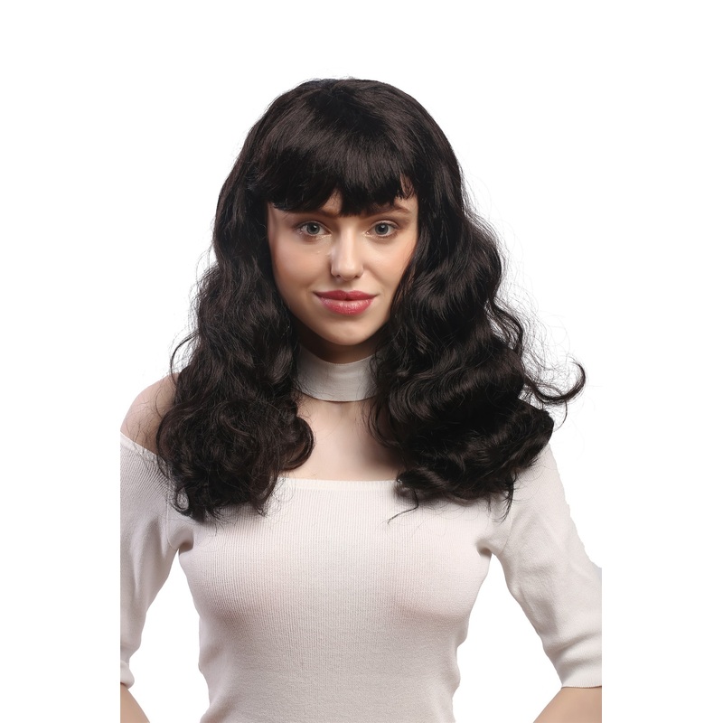 Lady Women Party Wig 50s Pin-up Burlesque Dancer long brown wavy bangs 90942