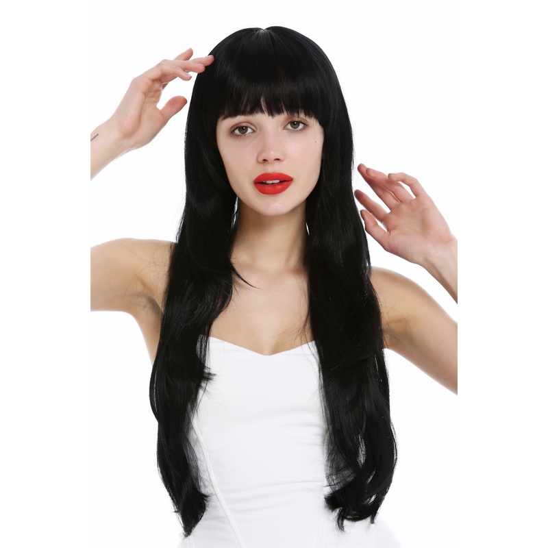 Lady women wig very long layered sleek straight fringe deep black VK-43