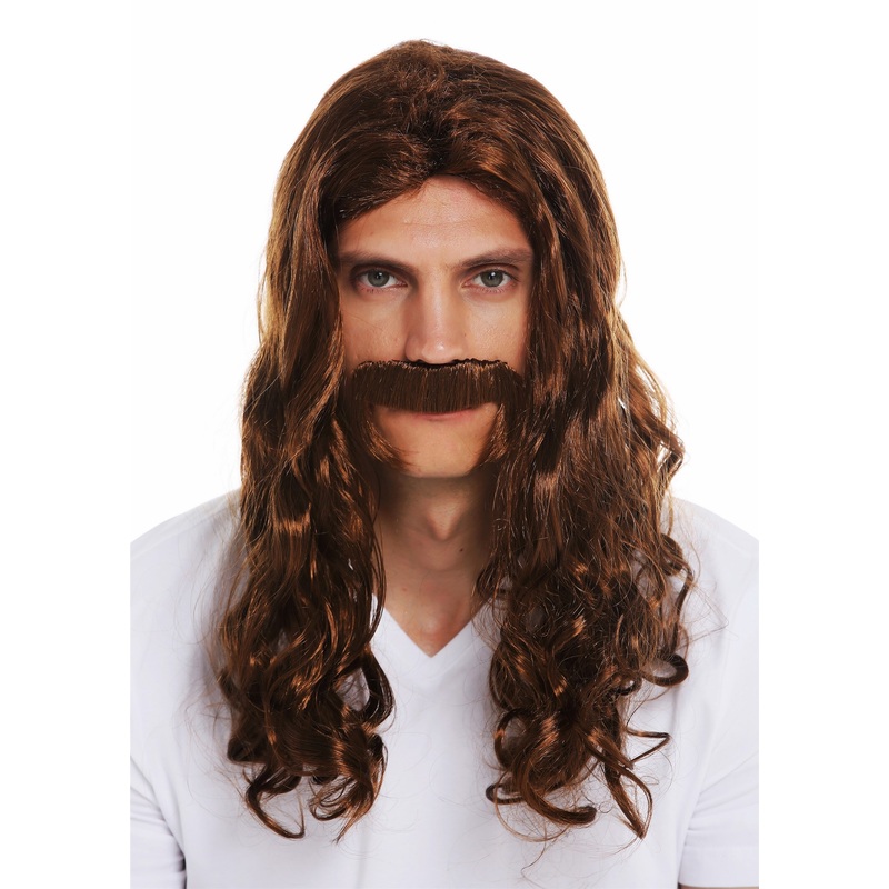 Wig & beard set men long wavy curly brown middle ages viking 70’s hippie 70666