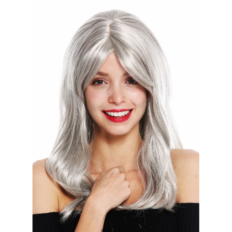 Women’s wig lady long slightly waved wavy parted grey gray GFW2247