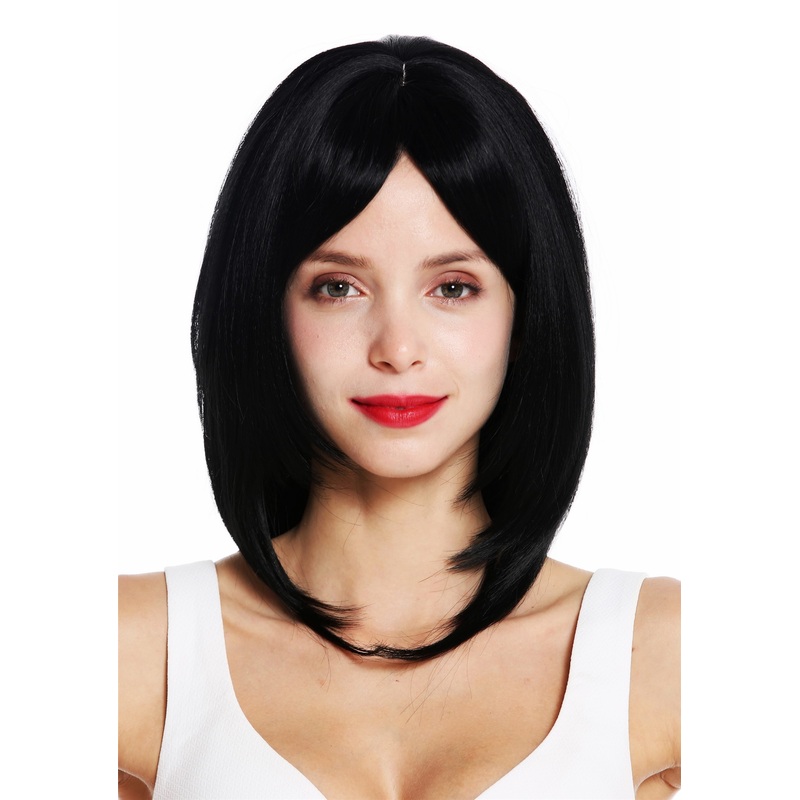Women’s wig shoulder length layered long fringe parted deep black VK-48
