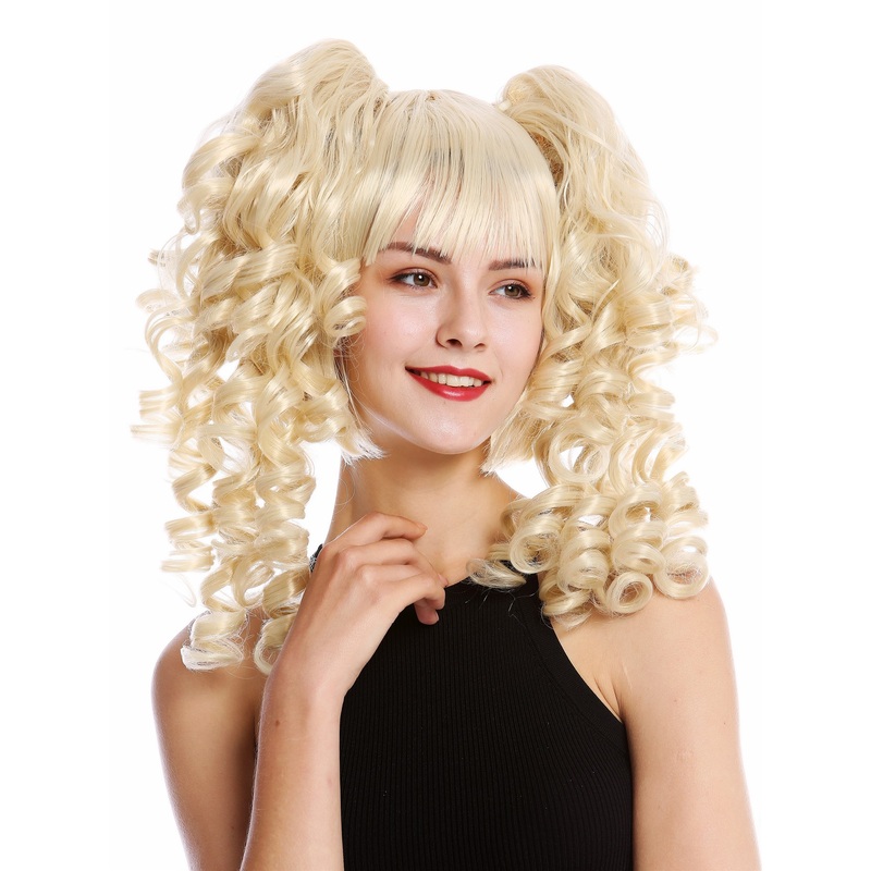 Lady Cosplay Wig bob + 2 ponytails curled bangs ringlets bright blond YZF-7080+A