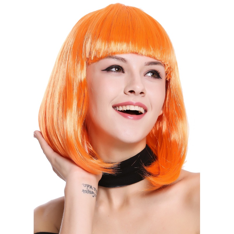 Lady Wig Halloween Carnival Disco bob longbob shoulder length bangs orange 0073