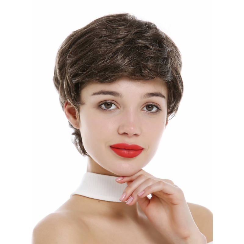 Lady wig short slightly wavy Pixie cut brown flecked with gray grey GF-W355A