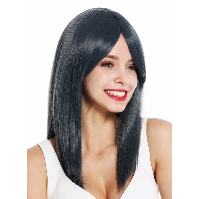 Wmen’s wig shoulder length medium long sleek parting blue grey mix ASR-MS4Z