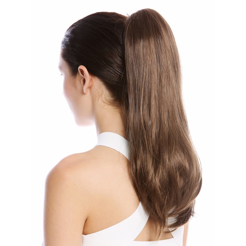 Ponytail Hairpiece Claw Clamp long smooth slightly waved medium brown TZB-26A