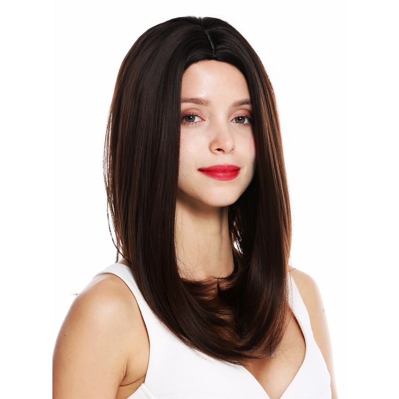 Lady women’s wig medium length sleek middle parting mahogany brown mix Z1952